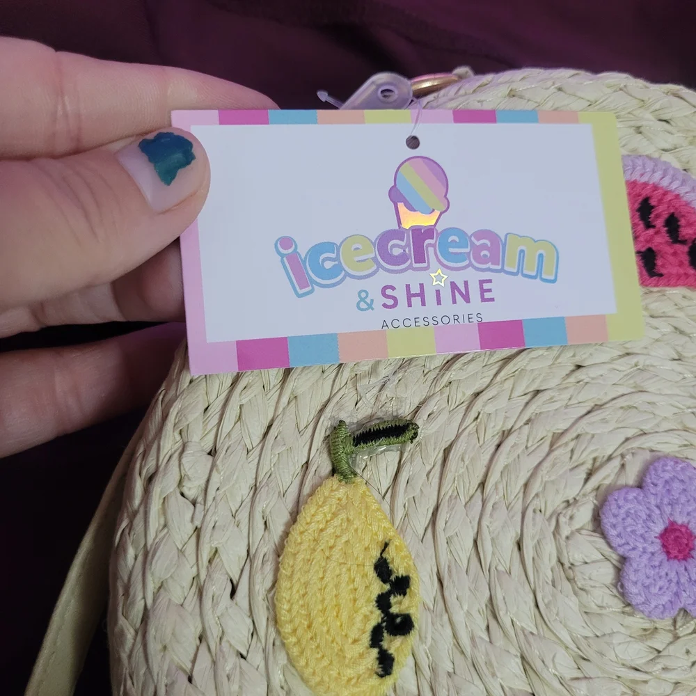 Nwt Round Cream Woven Bag with Fruit Accents